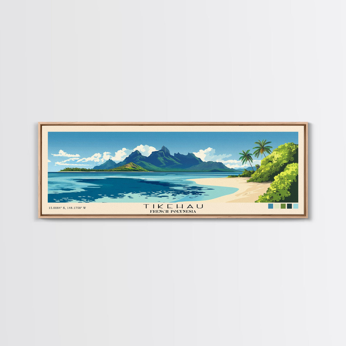 Tikehau, French Polynesia Panoramic Print, Vacation Gift, French Polynesia Wall Art, Beach Painting, Beach Decor, Large Wall Art, Wood Frame Art