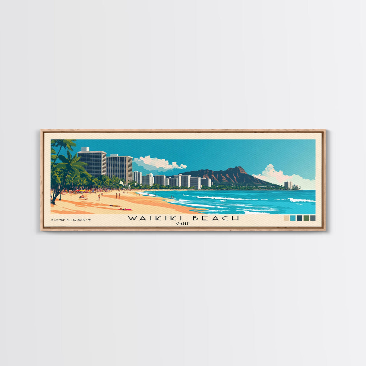 Waikiki Beach, Oahu Panoramic Beach Print, Vacation Gift, Oahu Wall Art, Beach Painting, Beach Decor, Beach Painting