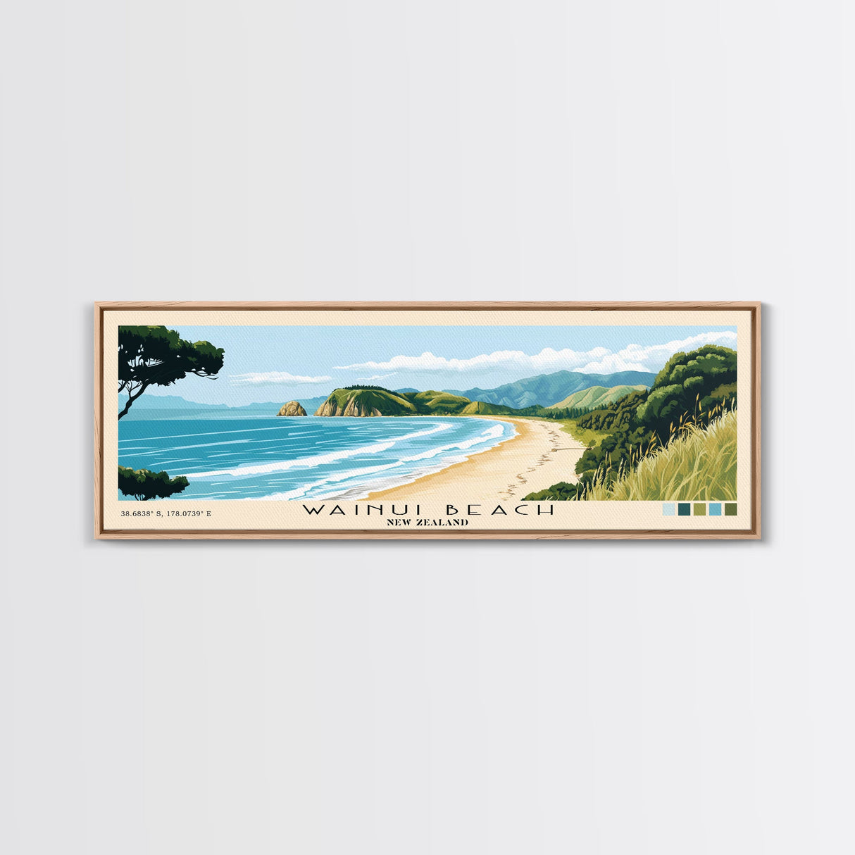 Wainui Beach, New Zealand Panoramic Beach Print, Vacation Gift, New Zealand Wall Art, Framed Canvas Print, Framed Beach Painting