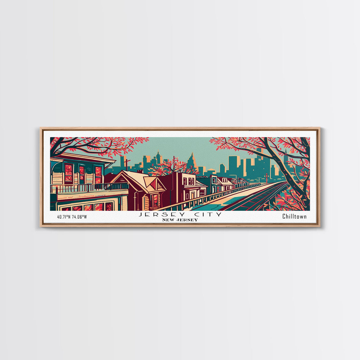 Jersey City New Jersey Panoramic Framed Canvas Print, Travel Poster, Mid Century Modern Art, Pop Art Style, Wall Decor, Office Art, Home Decor, Living Room Art