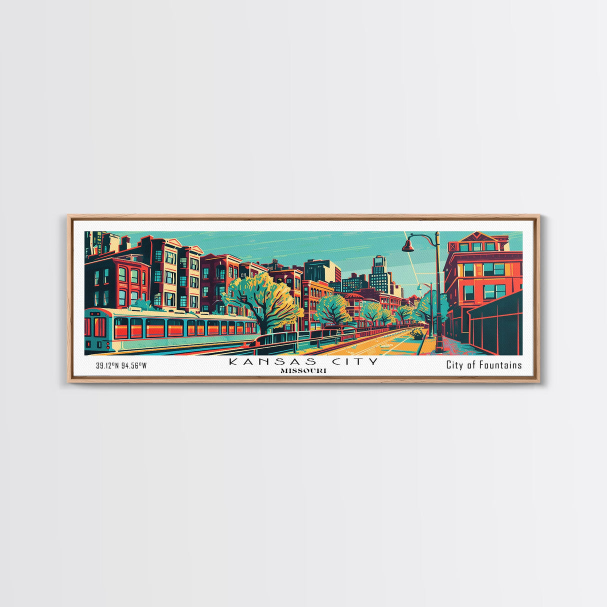 Kansas City Missouri Panoramic Travel Poster Framed Canvas Print, Mid Century Modern Art, Pop Art Style, Wall Art, Wall Decor, Home Decor, Retro Style Art