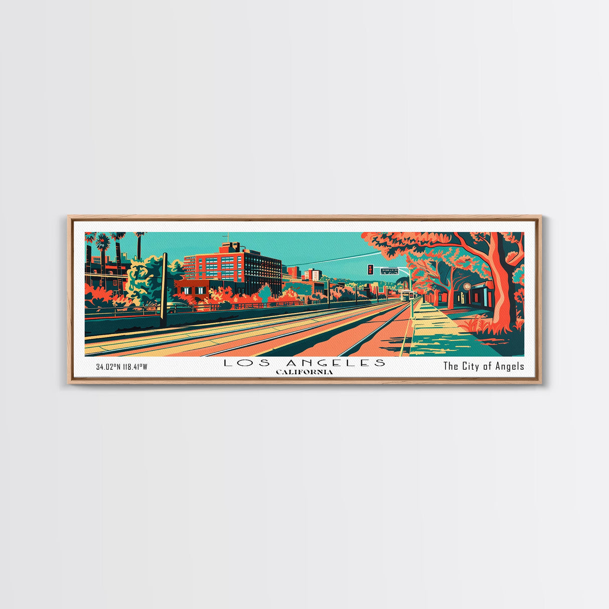 Los Angeles California Panoramic Wall Art Framed Canvas Print, Travel Poster, Mid Century Modern Art, Pop Art Style, Home Decor, Living Room Art