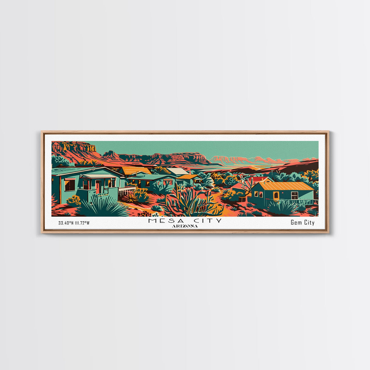 Mesa Arizona Panoramic Travel Poster Framed Canvas Print, Mid Century Modern Art, Pop Art Style, Wall Art, Home Decor, Office Wall Art