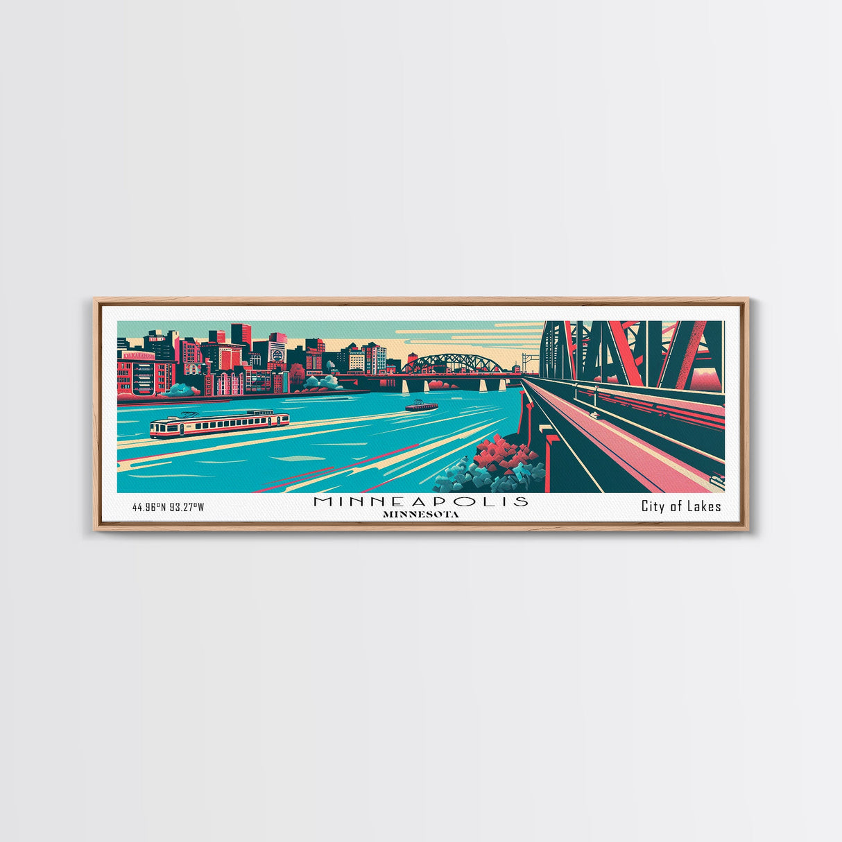 Minneapolis Minnesota Panoramic Wall Art Framed Canvas Print, Travel Poster, Mid Century Modern Art, Pop Art Style, Home Decor, Office Art