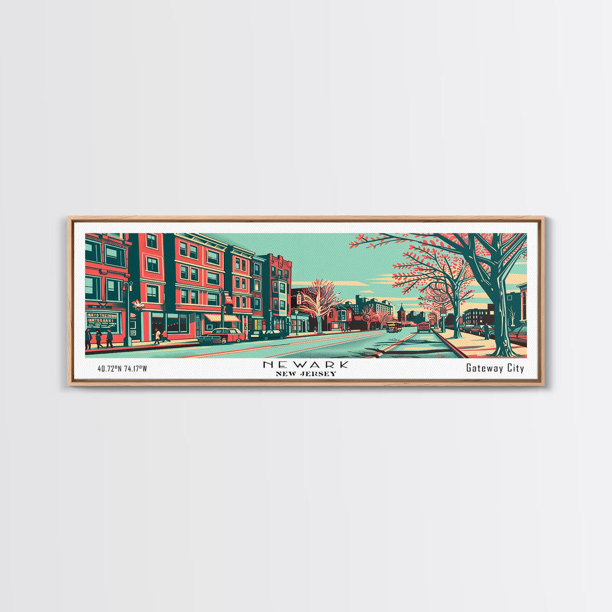 Newark New Jersey Panoramic Painting Framed Canvas Print, Travel Poster, Mid Century Modern Art, Pop Art Style, Wall Decor, Living Room Art