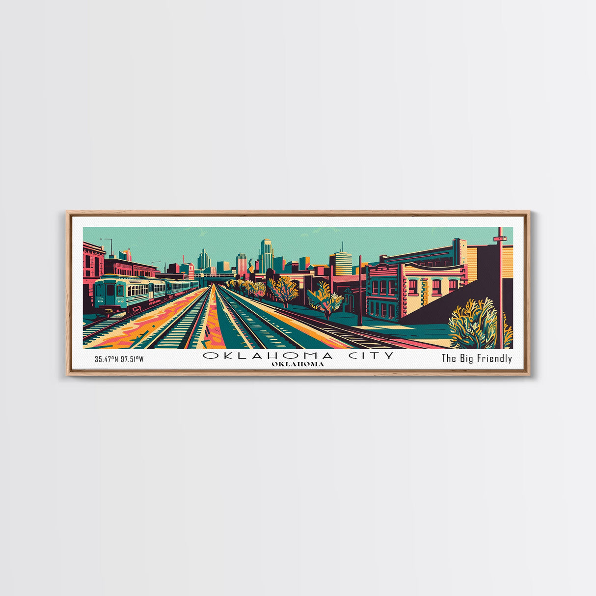 Oklahoma City Oklahoma Panoramic Wall Art Framed Canvas Print, Travel Poster, Mid Century Modern Art, Pop Art Style, Wall Decor, Office Art