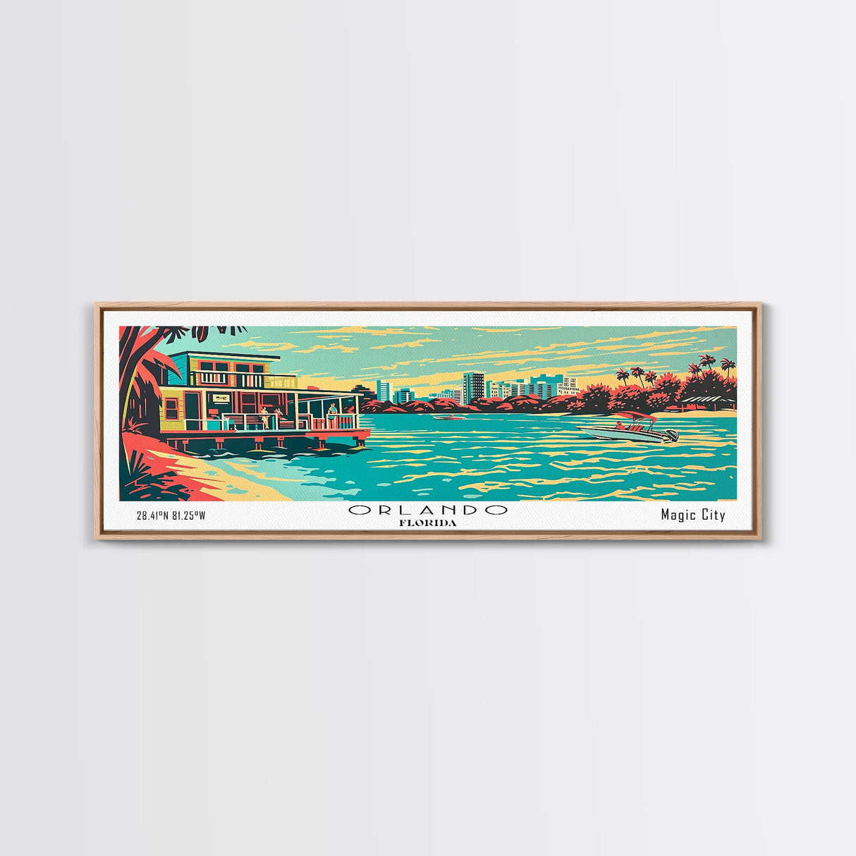 Orlando Florida Panoramic Painting Framed Canvas Print, Travel Poster, Mid Century Modern Art, Pop Art Style, Wall Decor, Office Art