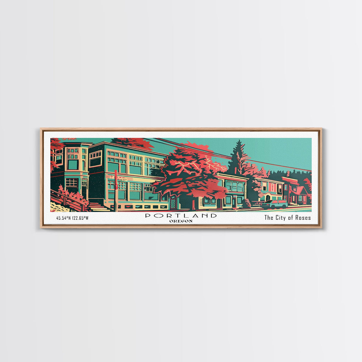 Portland Oregon Panoramic Travel Poster Framed Canvas Print, Mid Century Modern Art, Pop Art Style, Wall Art, Home Decor, Office Wall Art