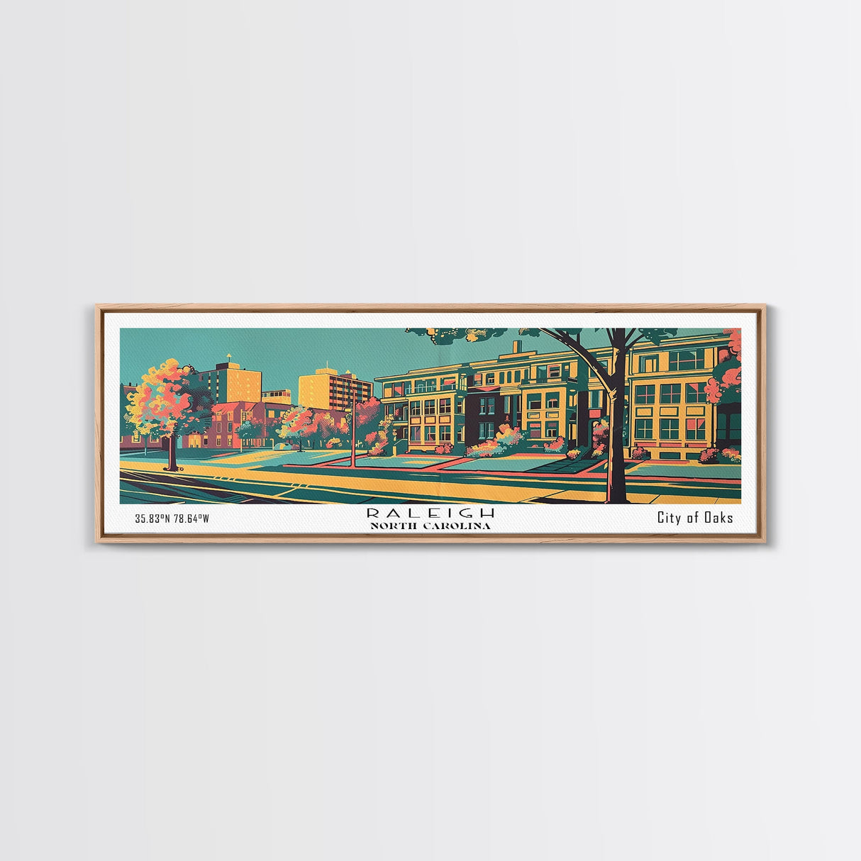 Raleigh North Carolina Panoramic Wall Art Framed Canvas Print, Travel Poster, Mid Century Modern Art, Pop Art Style, Wall Decor, Home Decor