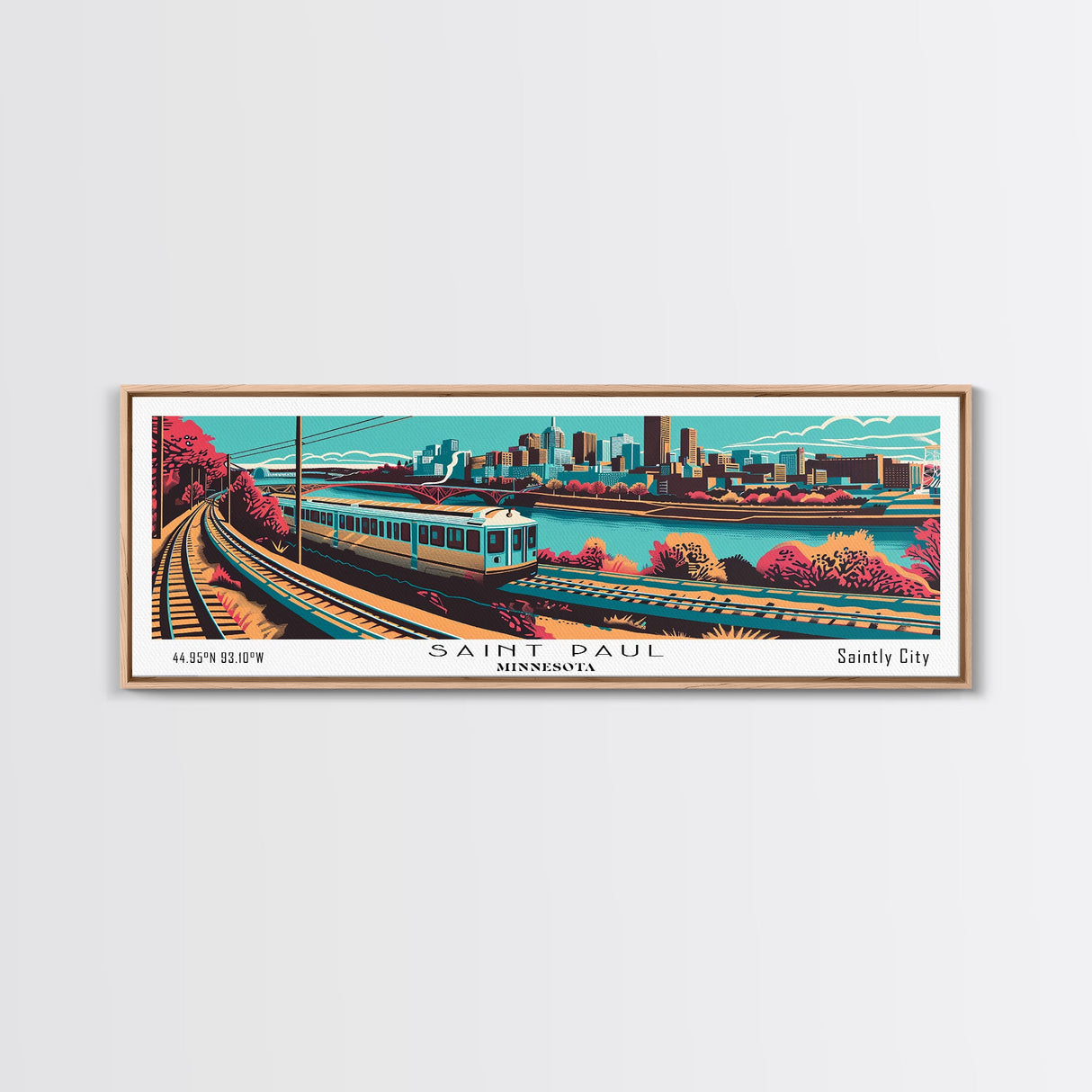 Saint Paul Minnesota Panoramic Travel Poster Framed Canvas Print, Mid Century Modern Art, Pop Art Style, Wall Art, Living Room Decor, Home Decor