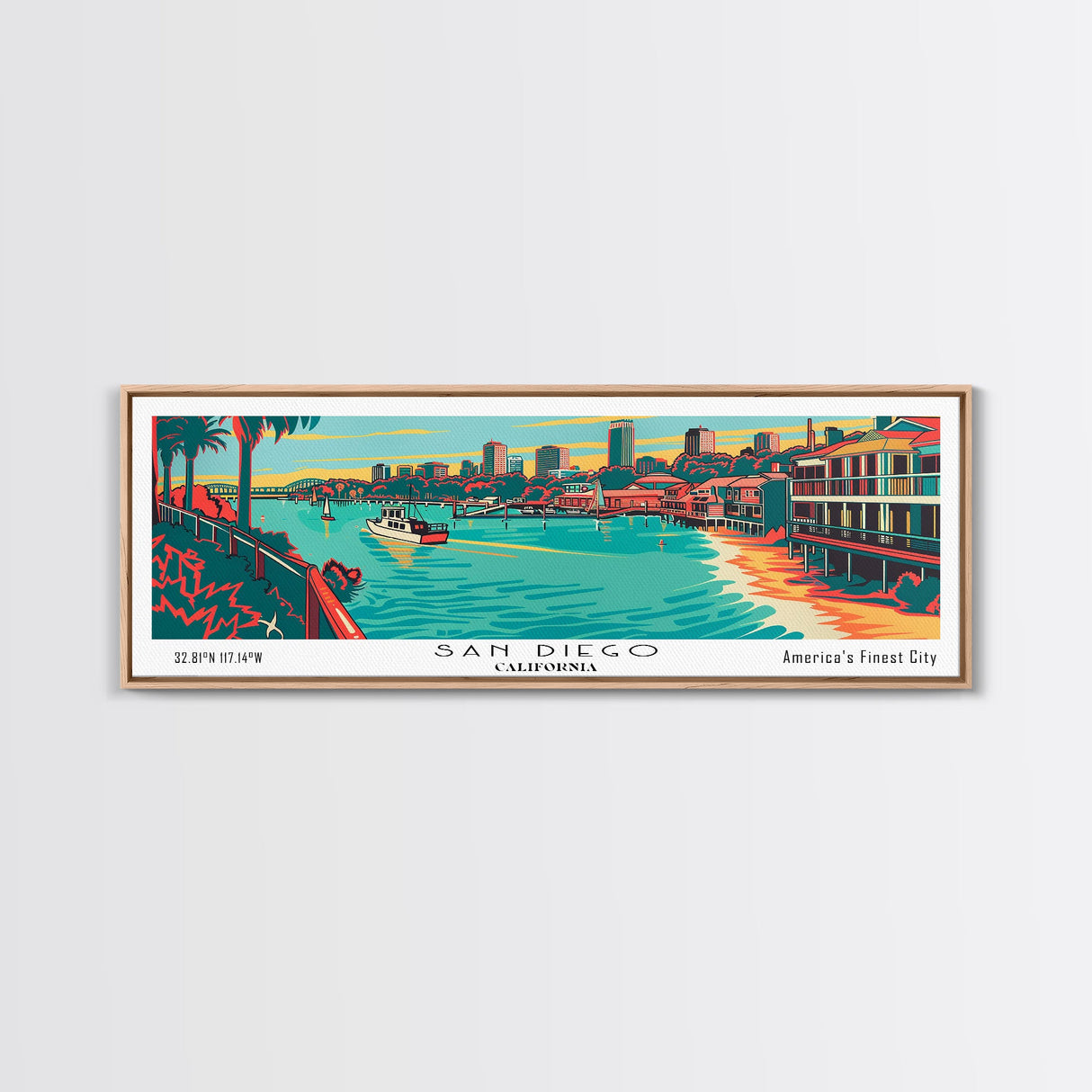 San Diego California Panoramic Painting Framed Canvas Print, Travel Poster, Mid Century Modern Art, Pop Art Style, Wall Decor, Living Room Art