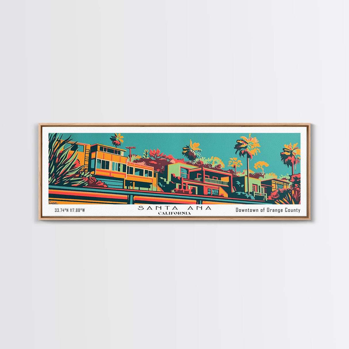 Santa Ana California Panoramic Wall Art Framed Canvas Print, Travel Poster, Mid Century Modern Art, Pop Art Style, Wall Decor, Office Wall Art