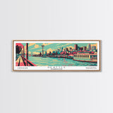 Seattle Washington Panoramic Painting Framed Canvas Print, Travel Poster, Mid Century Modern Art, Pop Art Style, Wall Decor, Home Decor