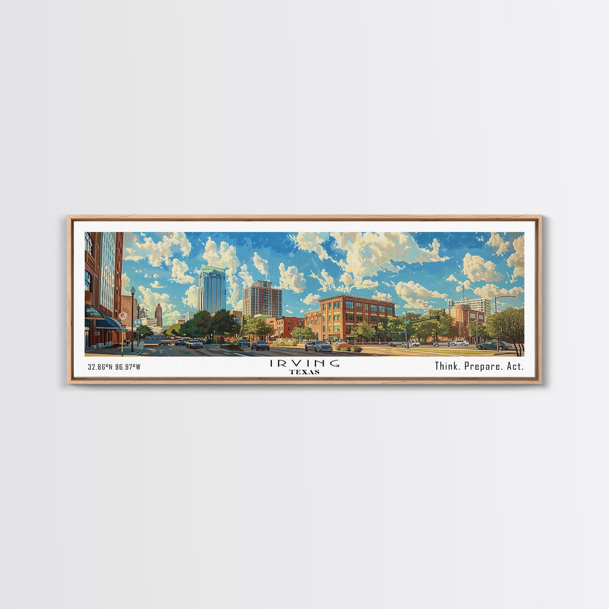 Irving Texas Panoramic Wall Art, Watercolor Framed Canvas Print, Urban Cityscape for Living Room, Travel Poster, Home Decoration