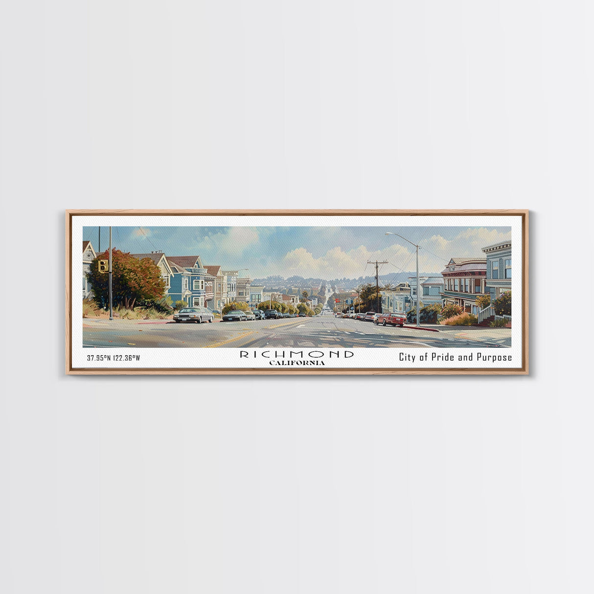 Richmond California Panoramic Print, Trendy Framed Canvas Print, Travel Poster Art, Home Decor, Wall Art, Gift Idea