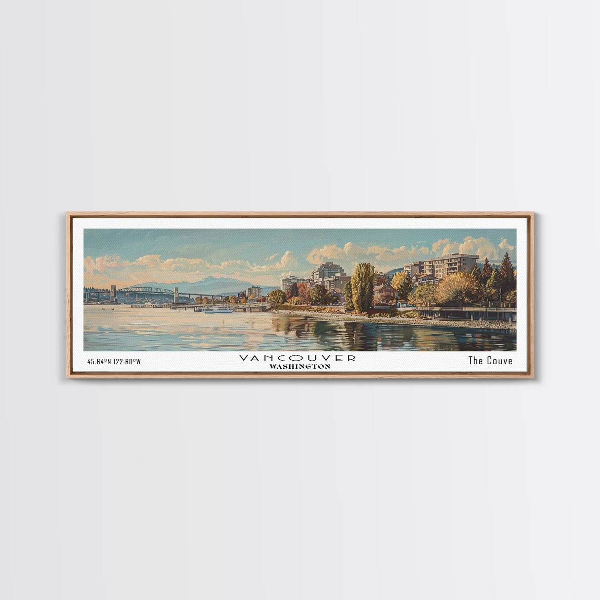 Vancouver Washington Panoramic Framed Canvas Print, Retro Style Wall Art, Unique Travel Poster, Artistic Living Room Decor, Office Gift Idea