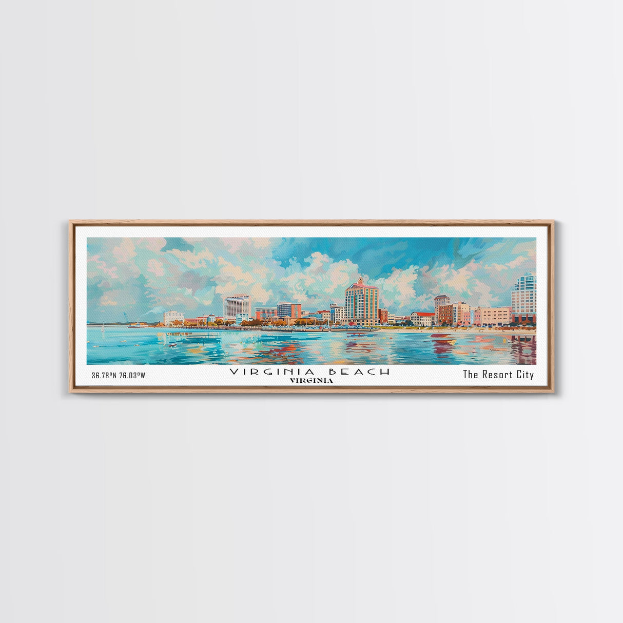 Virginia Beach Virginia Panoramic Painting, Framed Canvas Print, Retro Style Travel Poster, Unique Home Decor, Artistic Office Wall Art