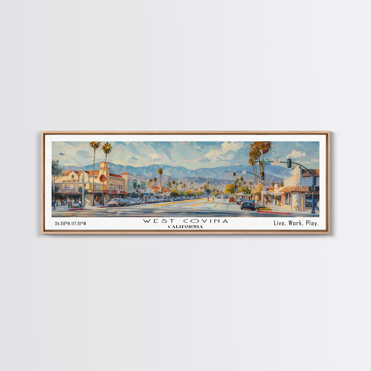 West Covina California Panoramic Framed Canvas Print, Retro Travel Poster, Unique Wall Art, Artistic Living Room Decor, Office Gift, Original Artwork