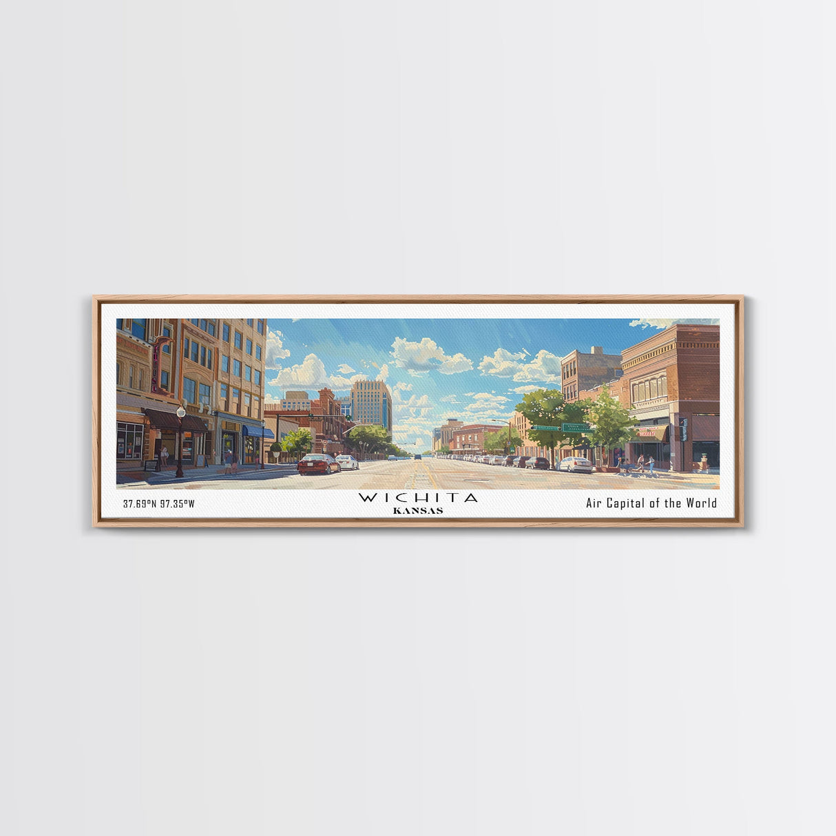 Wichita Kansas Panoramic Framed Canvas Print, Retro Travel Poster, Artistic Wall Art, Unique Living Room Decor, Office Gift, Original Artwork