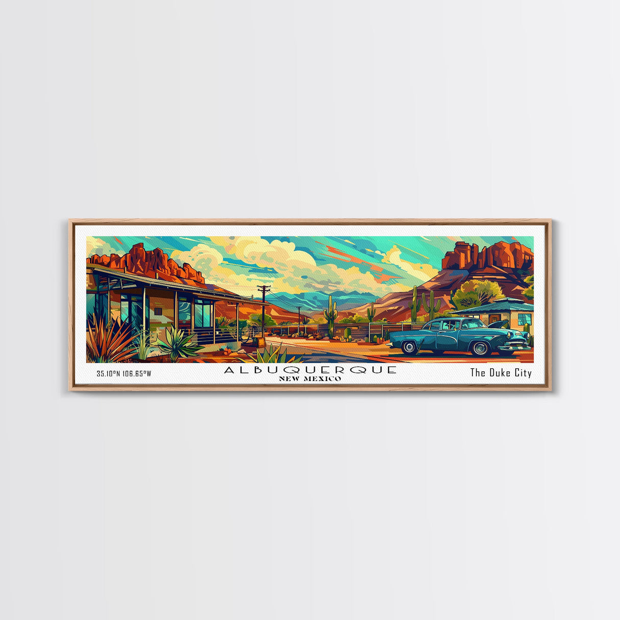 Albuquerque New Mexico Panoramic Painting Framed Canvas Print, Mid Century Modern Art, Pop Art Style, Travel Poster, Wall Art Decor