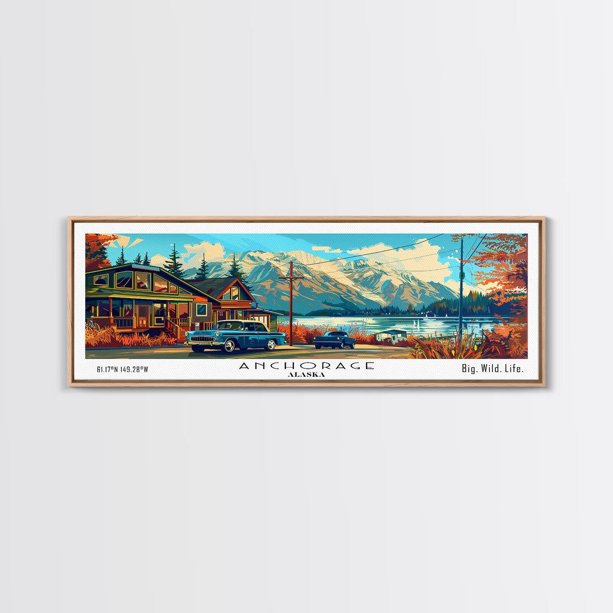 Anchorage Alaska Panoramic Travel Poster Framed Canvas Print, Mid Century Modern Art, Pop Art Style, Wall Art Decor, Home Decoration