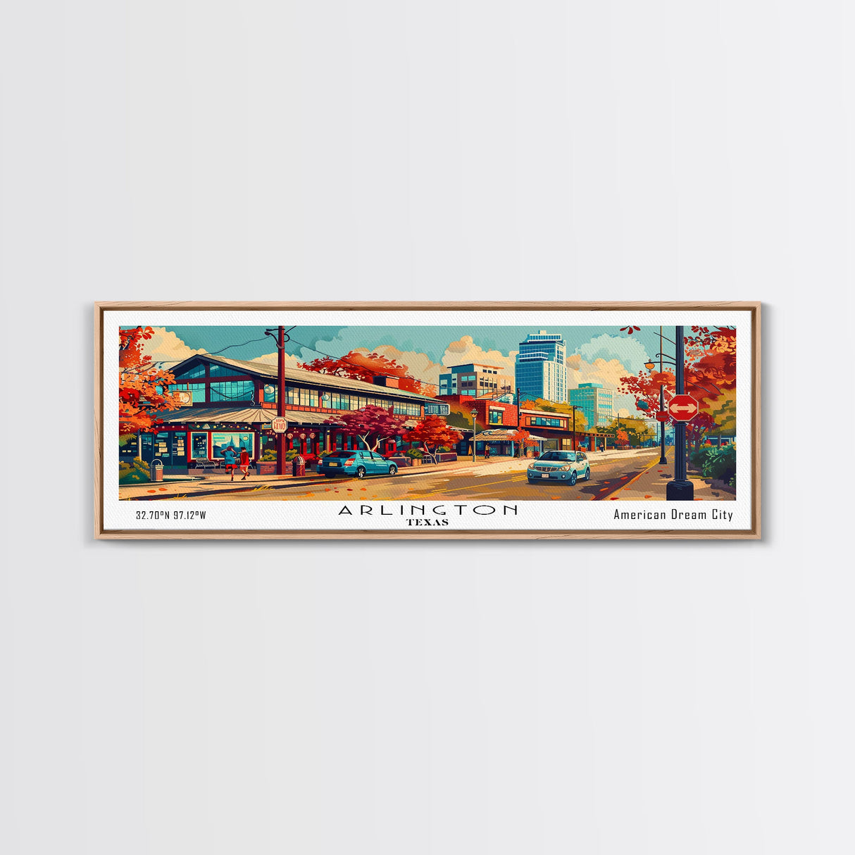 Arlington Texas Panoramic Painting Framed Canvas Print, Mid Century Modern Art, Pop Art Style, Travel Poster, Living Room Decor