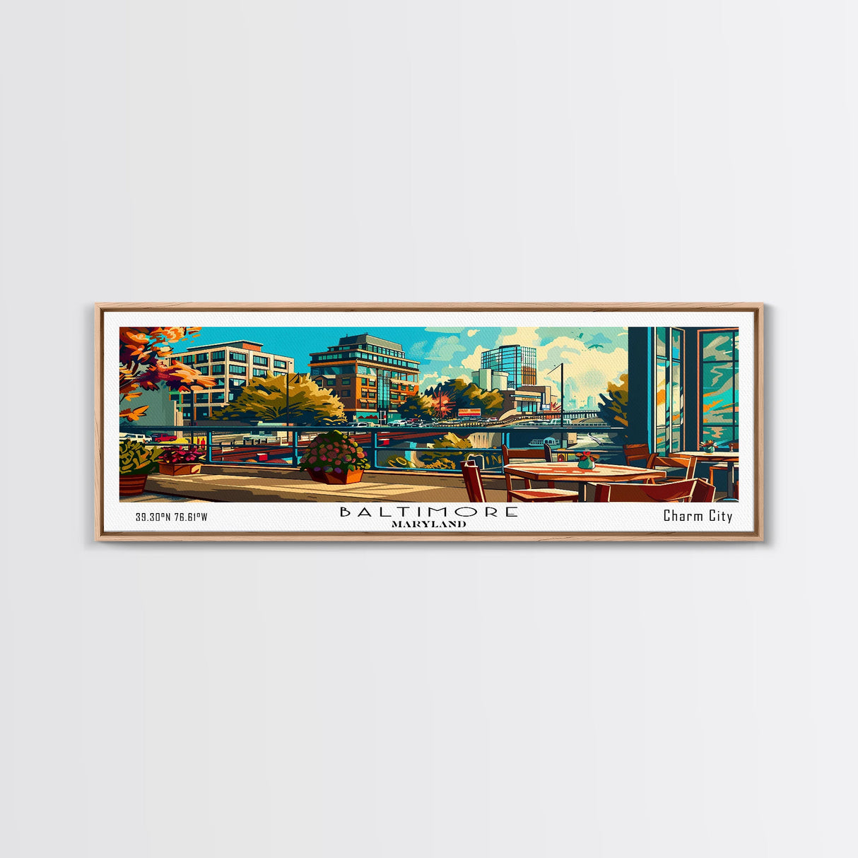 Baltimore Maryland Panoramic Wall Art Framed Canvas Print, Mid Century Modern Art, Pop Art Style, Travel Poster, Home Decor, Retro Style