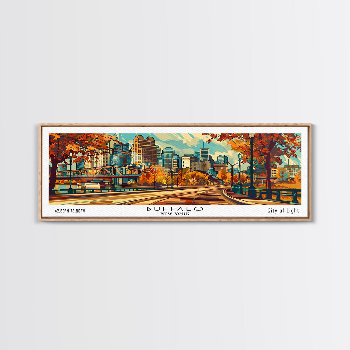 Buffalo New York Panoramic Painting Framed Canvas Print, Mid Century Modern Art, Pop Art Style, Travel Poster, Living Room Decor