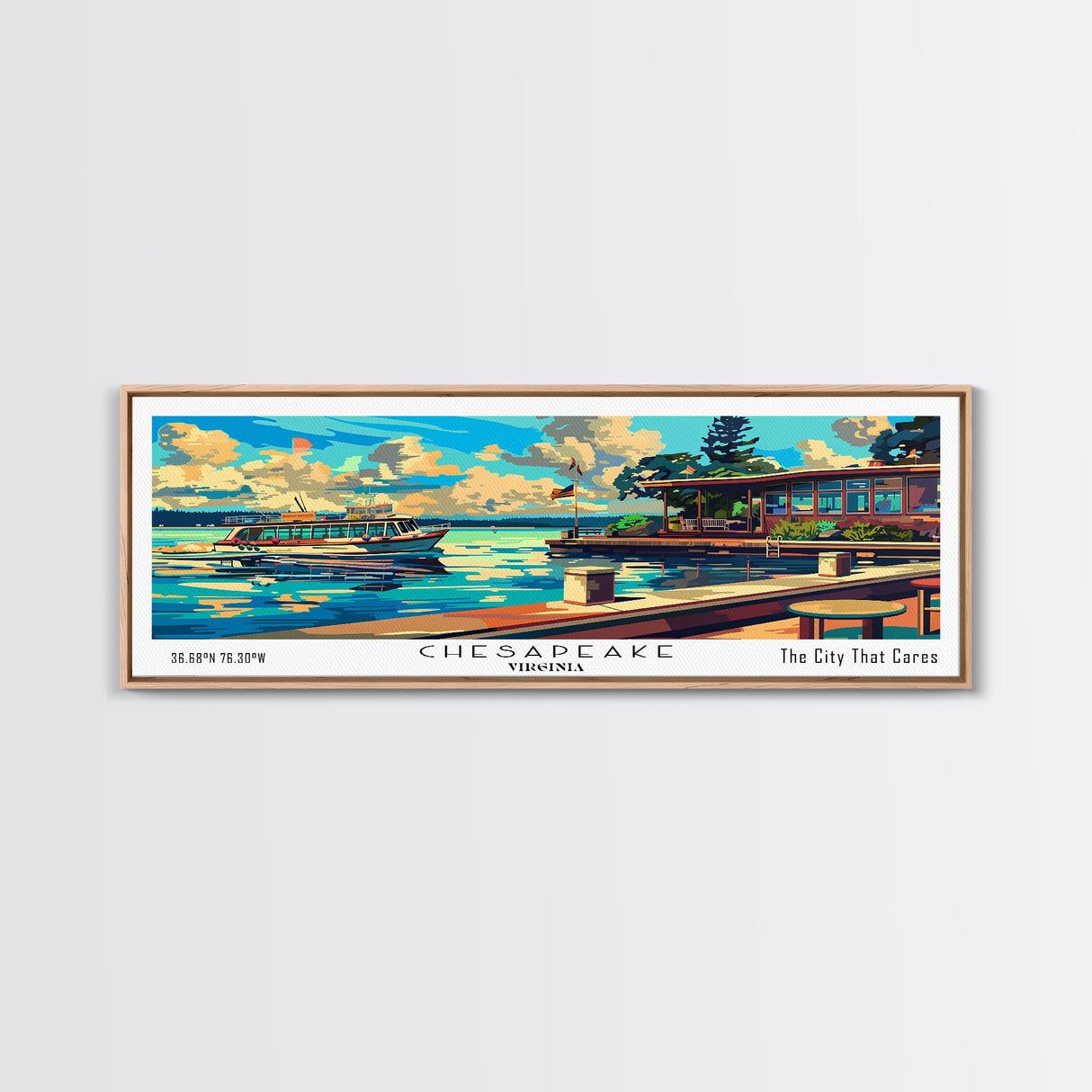 Chesapeake Virginia Panoramic Travel Poster Framed Canvas Print, Mid Century Modern Art, Pop Art Style, Wall Art Decor, Home Decoration