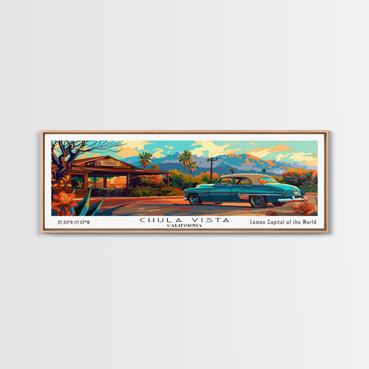 Chula Vista California Panoramic Wall Art Framed Canvas Print, Mid Century Modern Art, Pop Art Style, Travel Poster, Home Decor, Retro Style