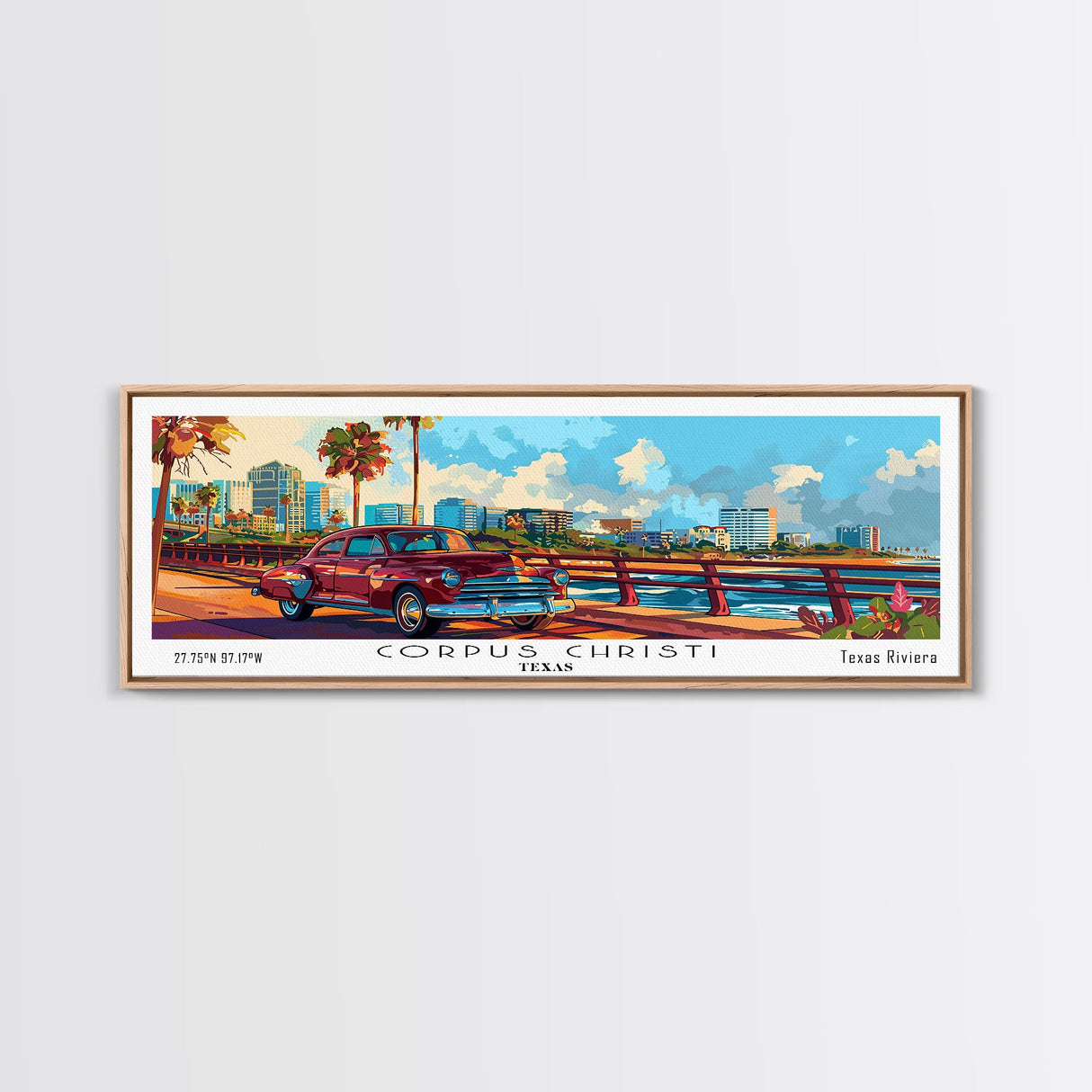 Corpus Christi Texas Panoramic Painting Framed Canvas Print, Mid Century Modern Art, Pop Art Style, Travel Poster, Living Room Decor