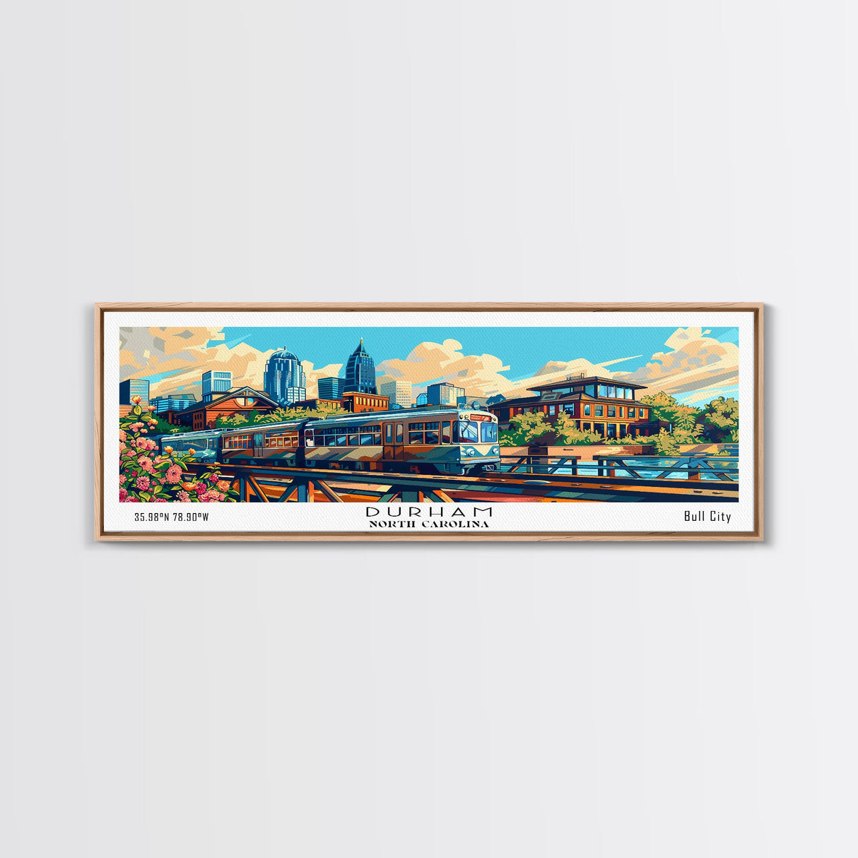 Durham North Carolina Panoramic Travel Poster Framed Canvas Print, Mid Century Modern Art, Pop Art Style, Wall Art Decor, Home Decoration