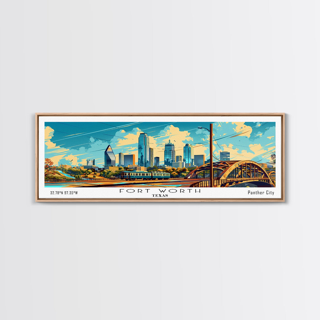 Forth Worth Texas Panoramic Painting Framed Canvas Print, Mid Century Modern Art, Pop Art Style, Travel Poster, Living Room Decor