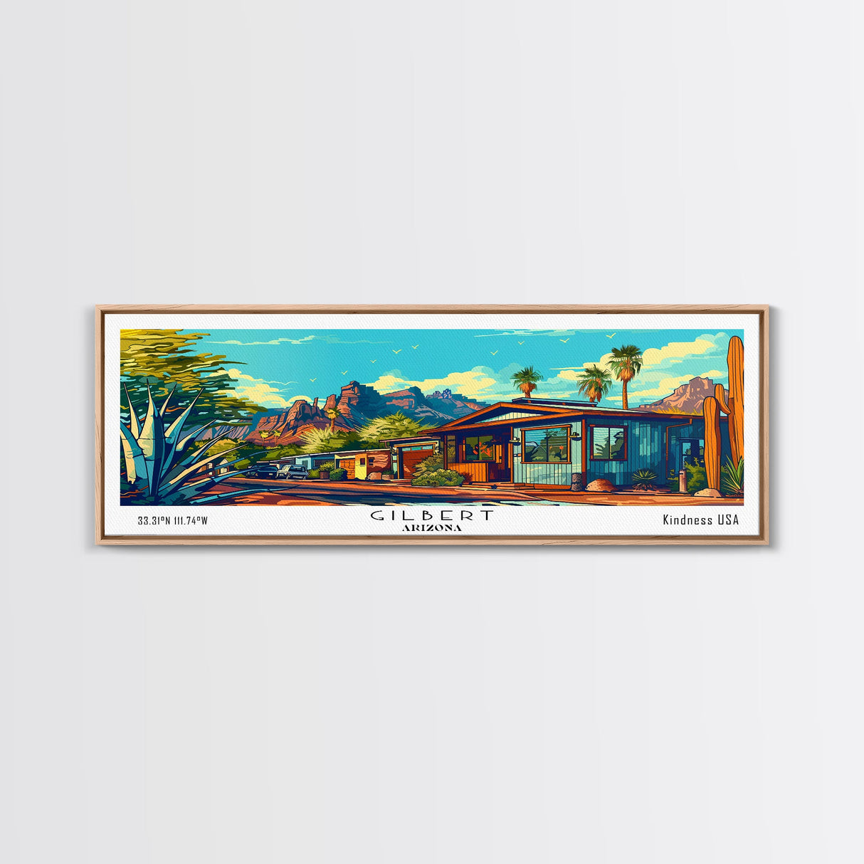 Gilbert Arizona Panoramic Wall Art Framed Canvas Print, Mid Century Modern Art, Pop Art Style, Travel Poster, Home Decor, Retro Style