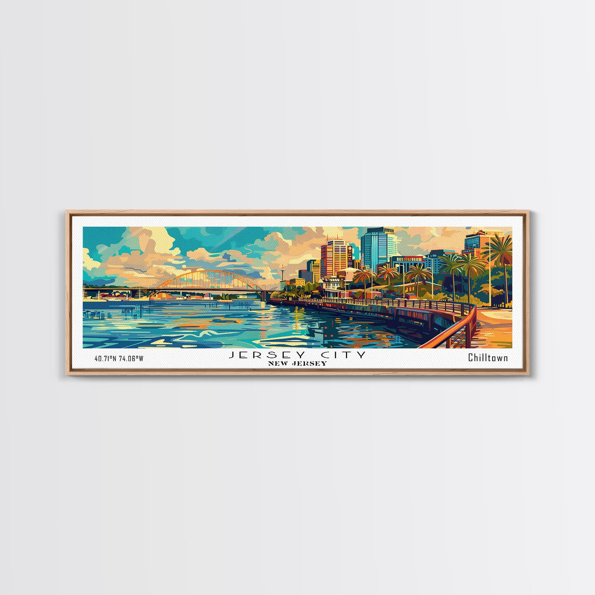 Jersey City New Jersey Panoramic Framed Canvas Print, Retro Style Wall Art, Mid Century Modern Home Decor, Pop Art Travel Poster