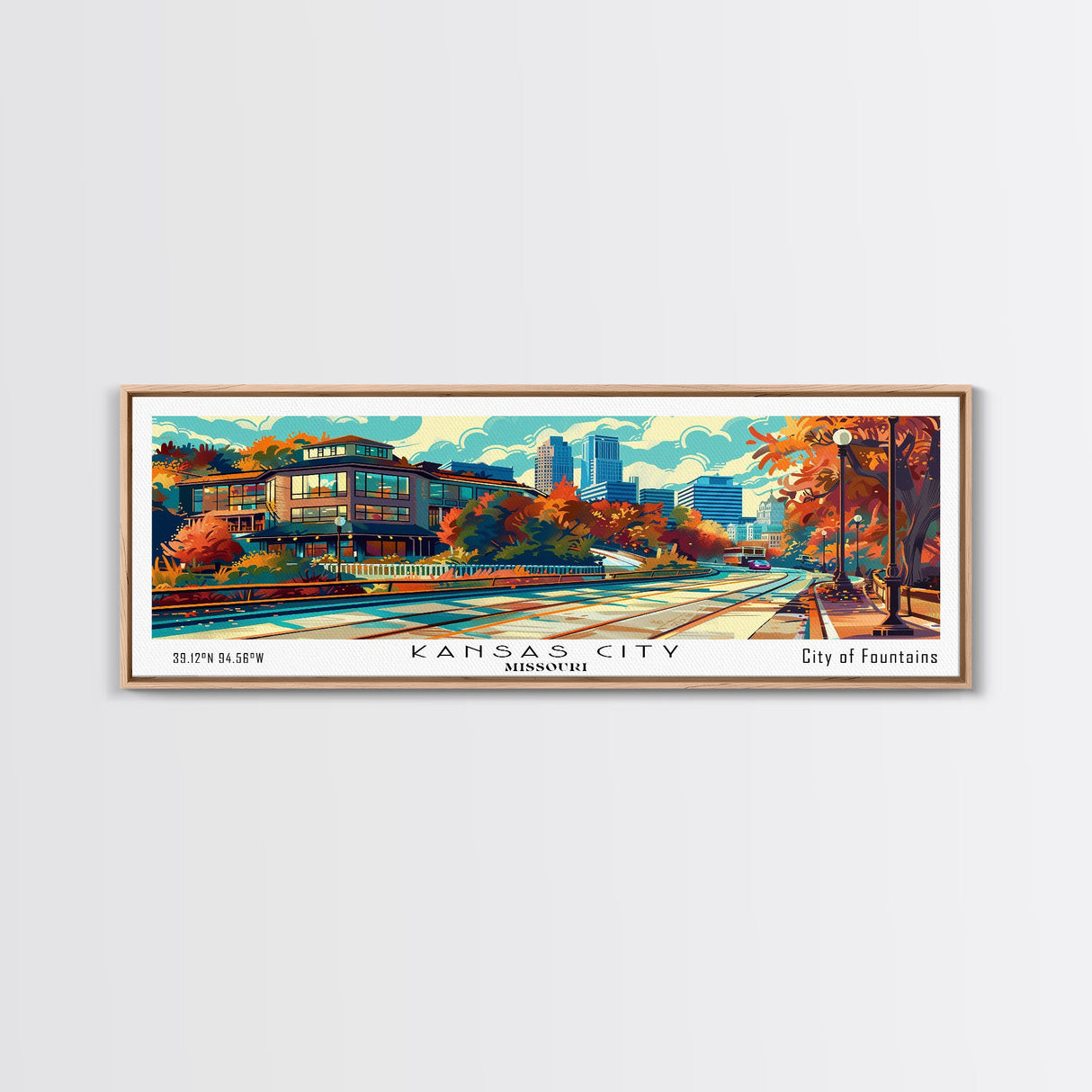 Kansas City Missouri Panoramic Painting, Mid Century Modern Framed Canvas Print, Pop Art Wall Hanging, Retro Travel Poster