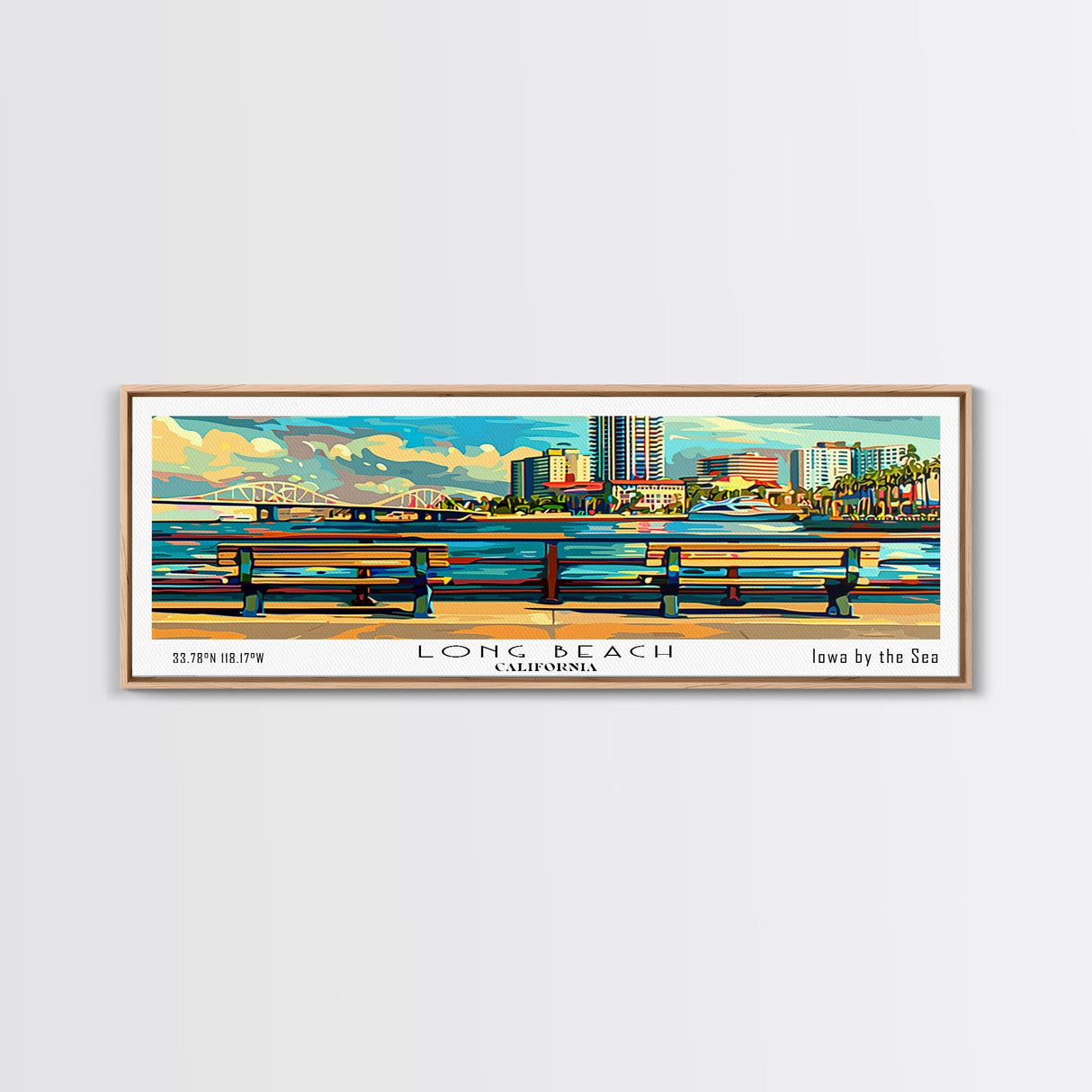 Long Beach California Panoramic Painting, Retro Style Framed Canvas Print, Mid Century Modern Wall Art, Pop Art Travel Poster