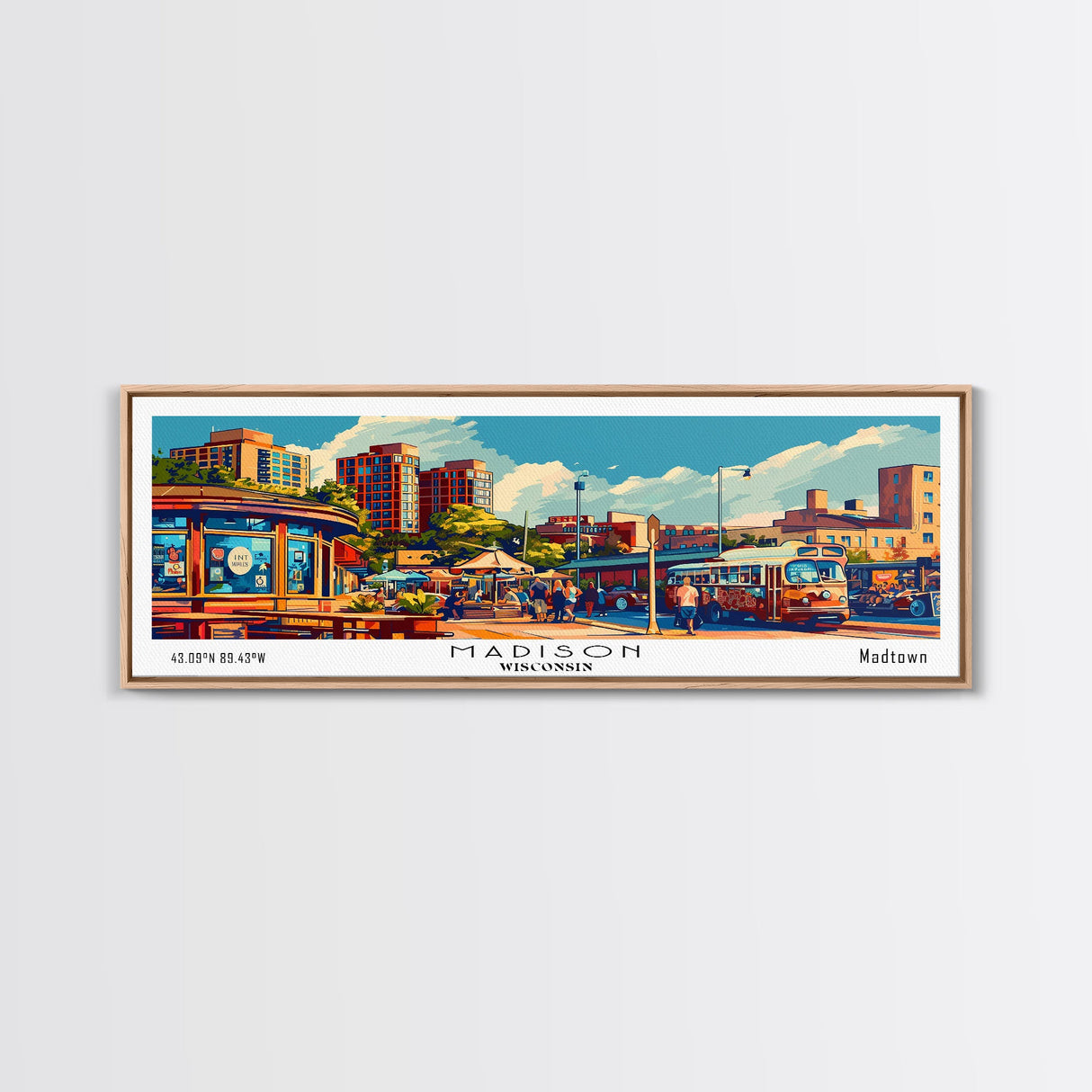 Madison Wisconsin Panoramic Painting, Mid Century Modern Framed Canvas Print, Retro Style Wall Art, Pop Art Travel Poster