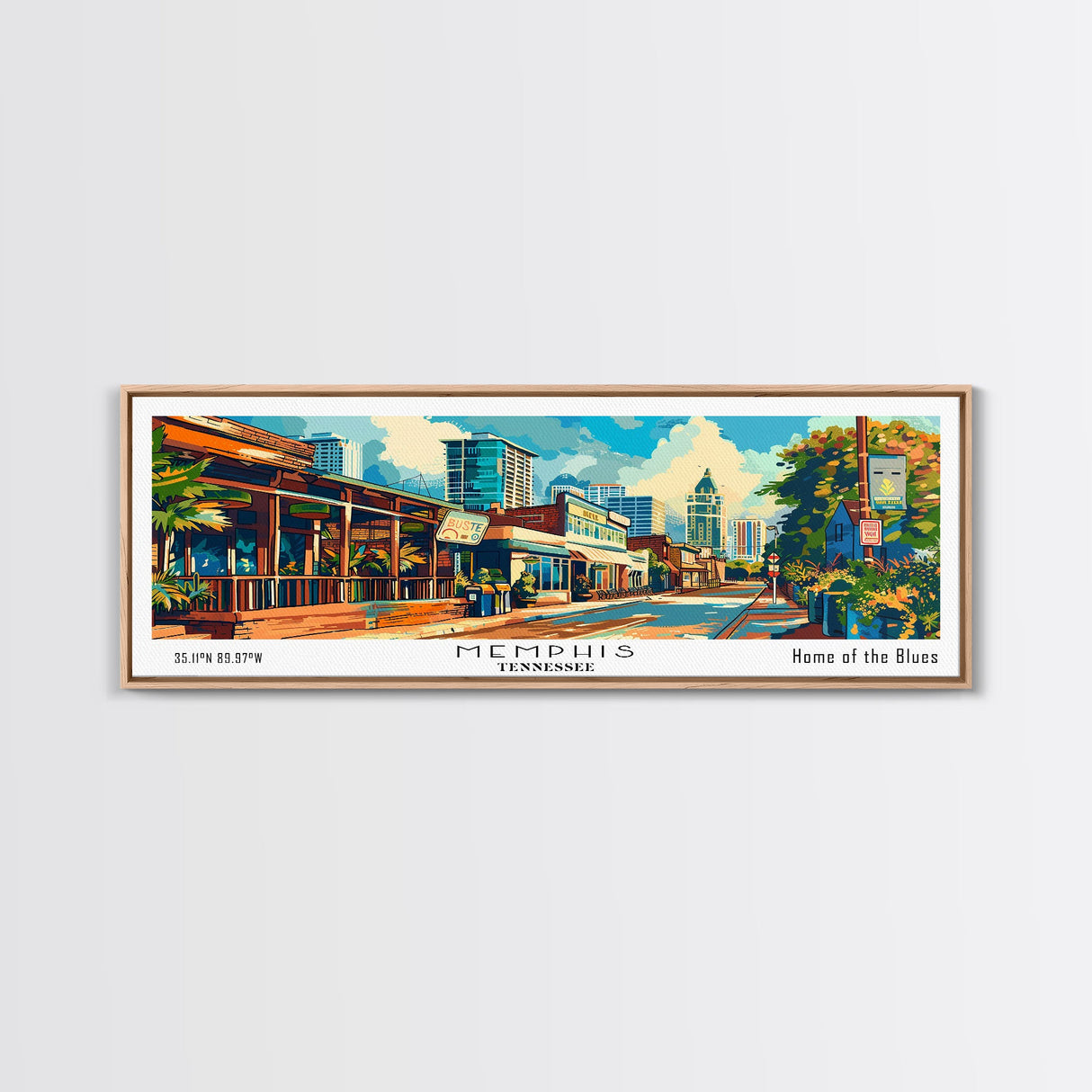 Memphis Tennessee Panoramic Framed Canvas Print, Retro Style Wall Art, Mid Century Modern Home Decor, Pop Art Travel Poster