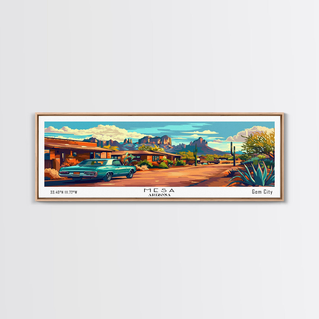 Mesa Arizona Panoramic Painting, Mid Century Modern Framed Canvas Print, Retro Style Wall Art, Pop Art Travel Poster