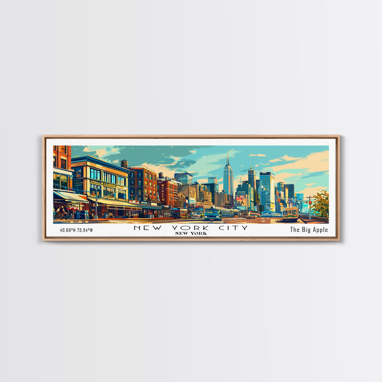 New York New York Panoramic Framed Canvas Print, Retro Style Wall Art, Mid Century Modern Home Decor, Pop Art Travel Poster