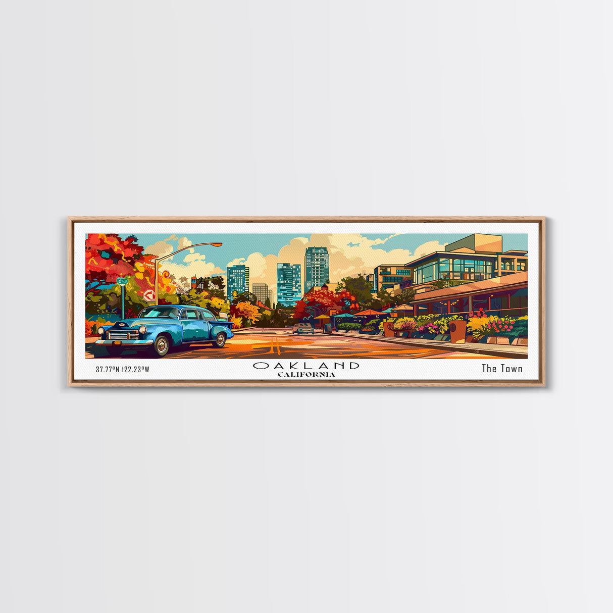 Oakland California Panoramic Wall Art, Pop Art Framed Canvas Print, Mid Century Modern Home Decor, Retro Style Travel Poster