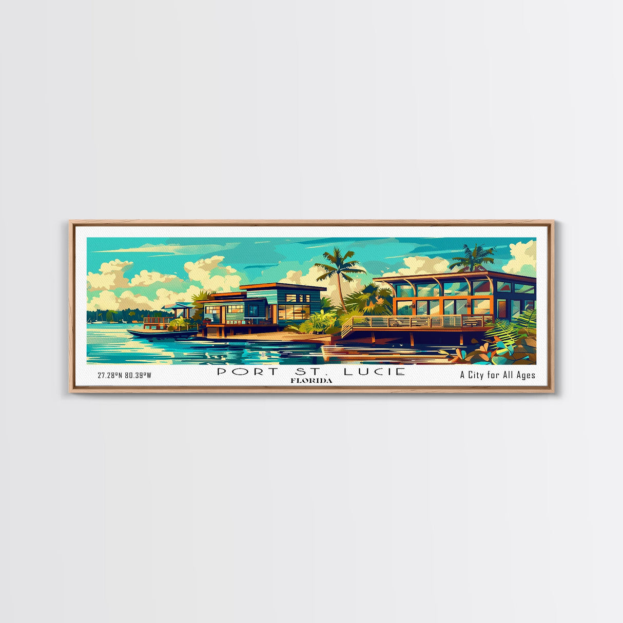 Port St. Lucie Florida Panoramic Framed Canvas Print, Retro Style Wall Art, Mid Century Modern Home Decor, Pop Art Travel Poster