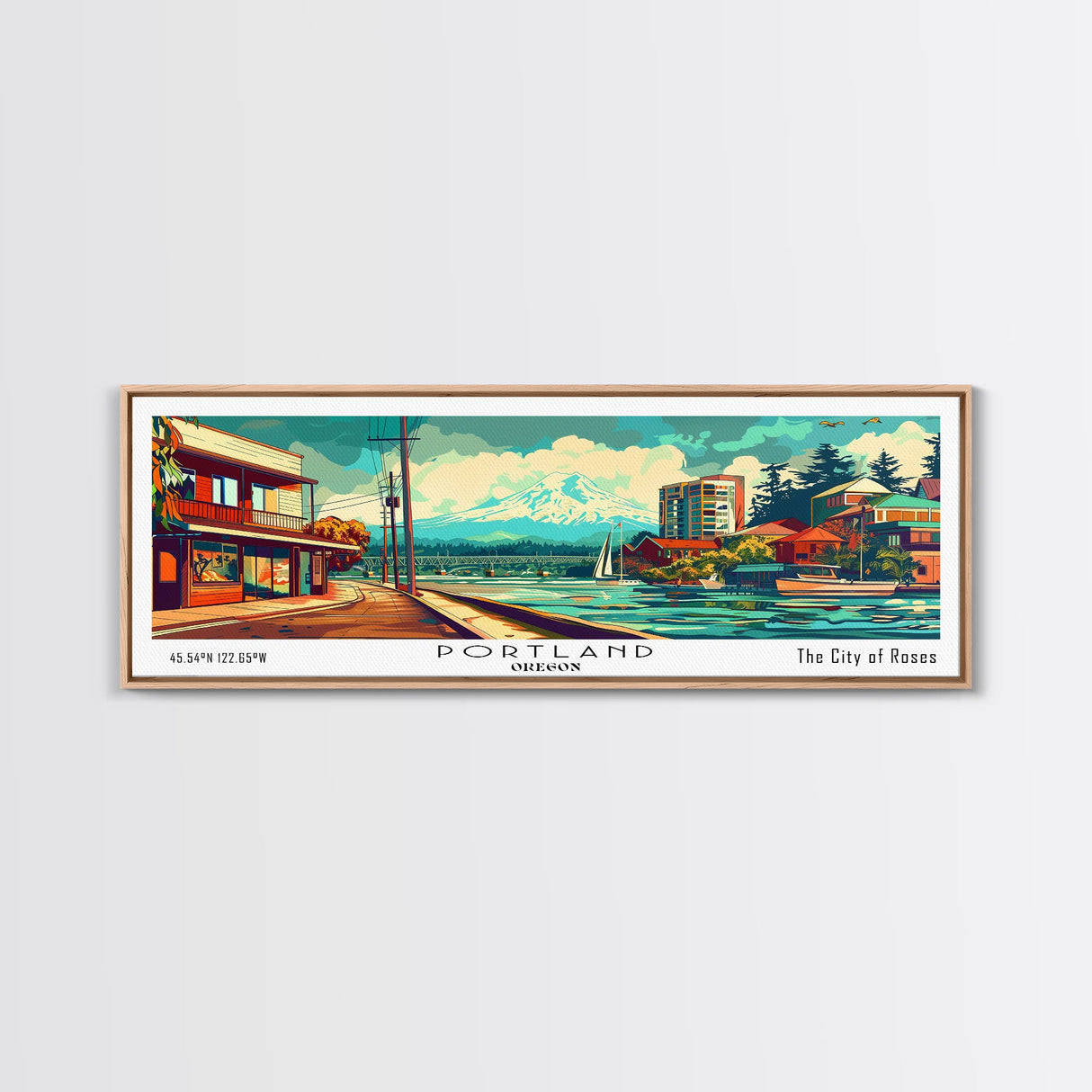 Portland Oregon Panoramic Painting, Mid Century Modern Framed Canvas Print, Retro Style Wall Art, Pop Art Travel Poster