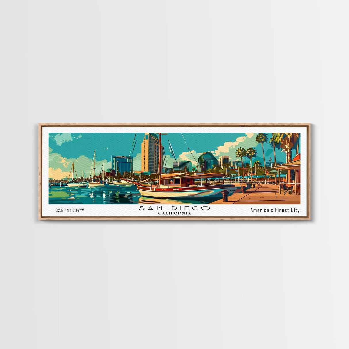 San Diego California Panoramic Painting, Retro Style Framed Canvas Print, Mid Century Modern Wall Art, Pop Art Travel Poster