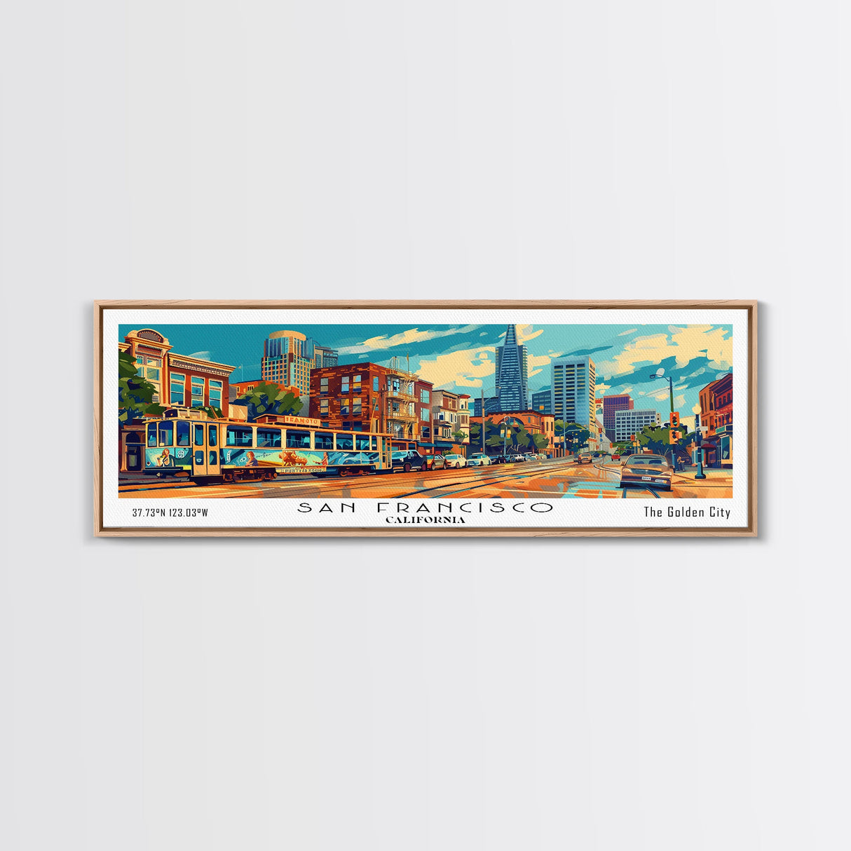 San Francisco California Panoramic Framed Canvas Print, Mid Century Modern Wall Art, Pop Art Home Decor, Retro Style Travel Poster