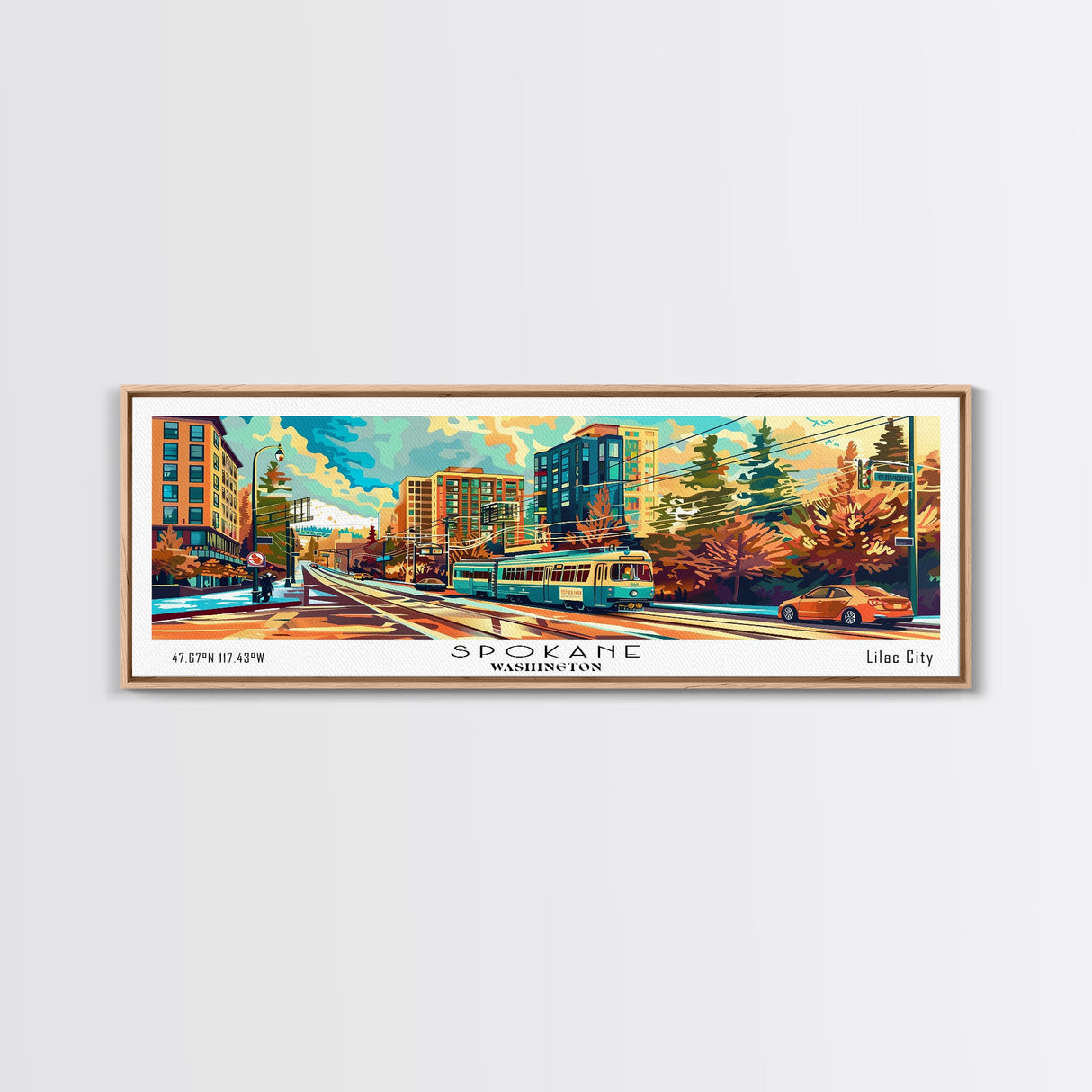 Spokane Washington Panoramic Painting, Mid Century Modern Framed Canvas Print, Retro Pop Art Travel Poster, Wall Decor, Office Art