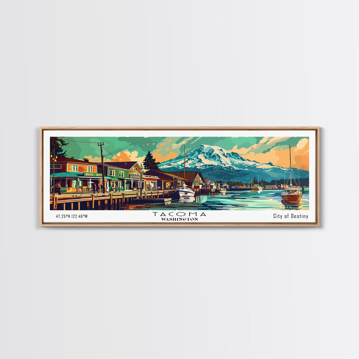 Tacoma Washington Panoramic Painting, Mid Century Modern Framed Canvas Print, Retro Pop Art Travel Poster, Wall Decor, Gift Idea