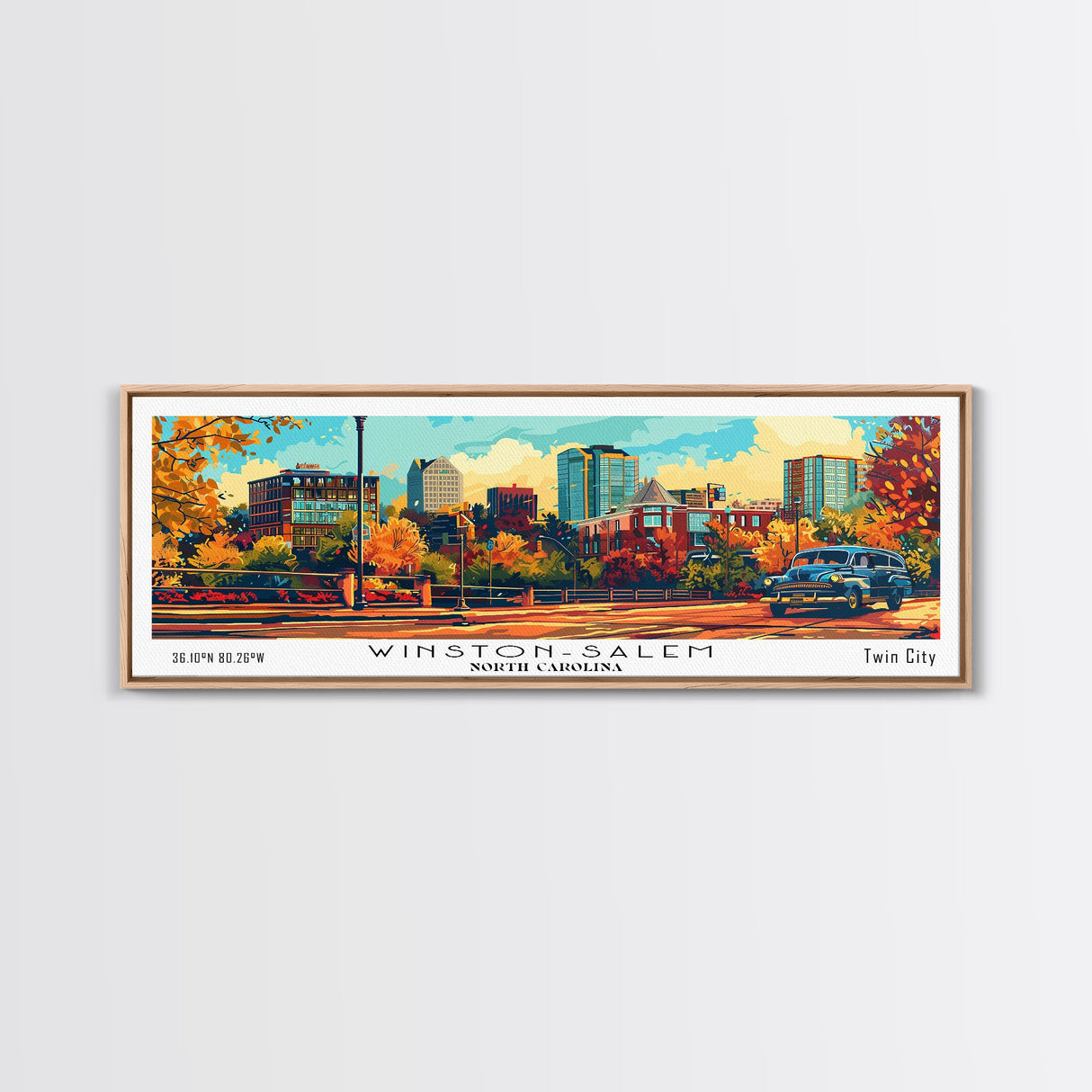 Winston-Salem North Carolina Panoramic Wall Art, Retro Pop Art Framed Canvas Print, Mid Century Modern Travel Poster, Wall Hanging