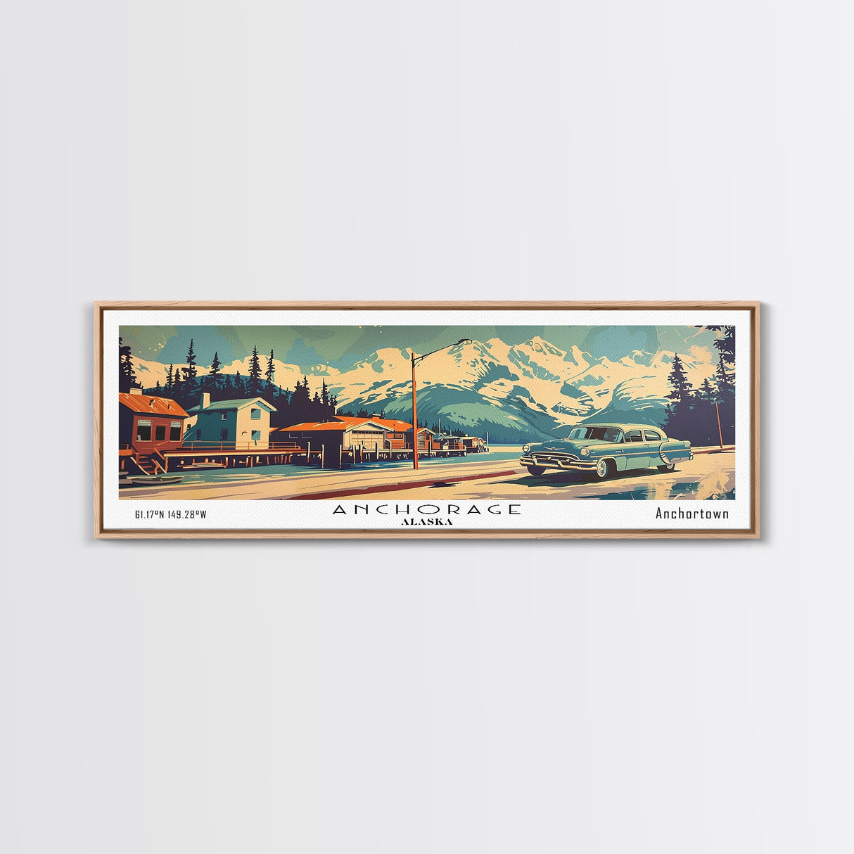 Anchorage Alaska Panoramic Painting, Mid Century Modern Framed Canvas Print, Retro Pop Art Travel Poster, Wall Art, Home Decor, Office Art